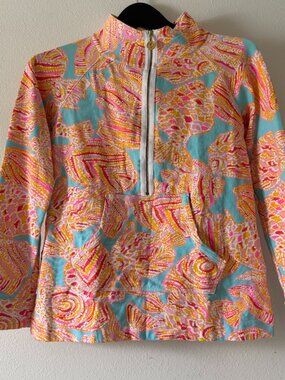 Lilly Pulitzer XS Seashell Print Quarter Zip Pullover Pink Blue Coastal Sweater